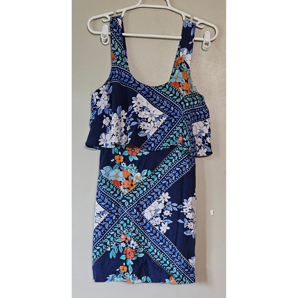 Maeve Anthropologie Navy Blue Floral Tile Print Popover Ruffle Mini Dress Size 2